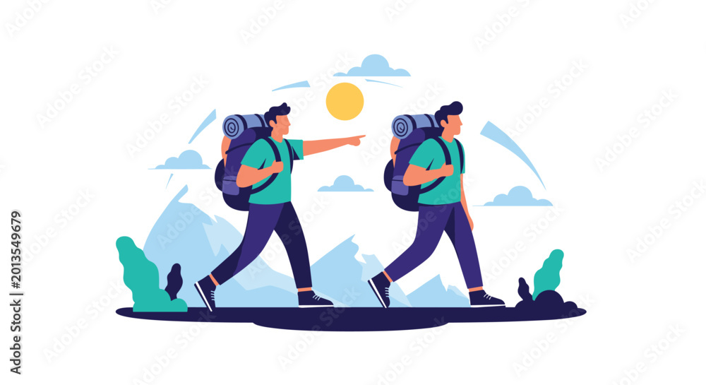 Fototapeta premium Two men hiking through a mountainous landscape with large backpacks, one of them pointing towards the horizon under a sunny sky.
