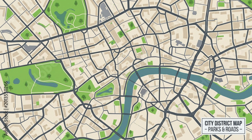 Quadro em tela Detailed City District Map with River and Parks.