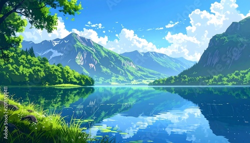 Serene lake scene with verdant mountains reflected in calm, clear water under a bright, sunny sky