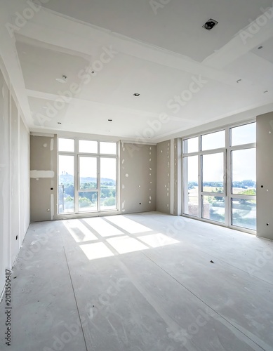 Bright, unfinished interior with large windows