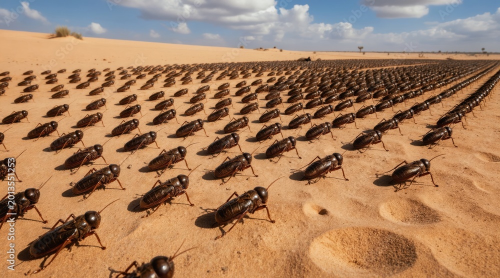 Obraz premium Massive locust swarm invades desert landscape. Insects march in formation across sand dunes under a blue sky with clouds. This biblical plague represents destruction and famine.