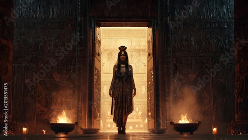 Egyptian royal woman standing in a golden temple door with fire lights