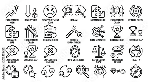 Icons representing expectations, reality, dreams, and emotions on transparent background.