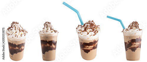 Tableau sur toile Refreshing chocolate iced coffee drinks with whipped cream, sprinkles and blue straws