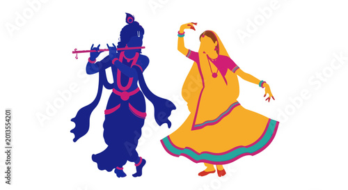 Tableau sur toile Krishna Playing Flute, Radha Dancing - Indian Folk Art Style