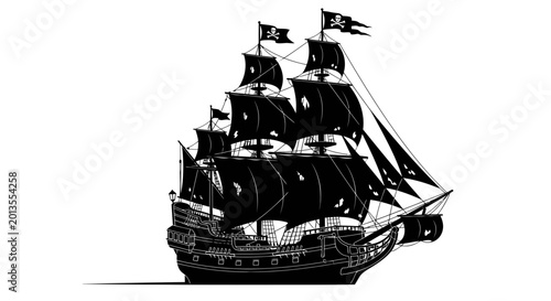 Foto Pirate Ship Silhouette, Black Sailing Vessel with Jolly Roger Flags on White Bac