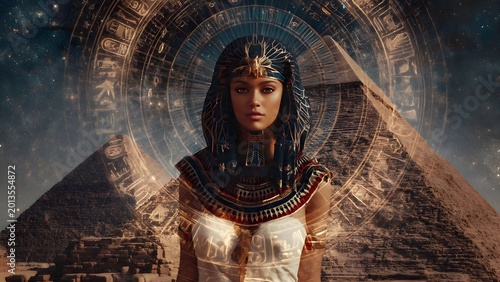 Portrait of an Egyptian queen with pyramids and mystical golden aura