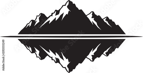 Fotografie Mountain range silhouette, mirrored reflection, landscape icon, black and white