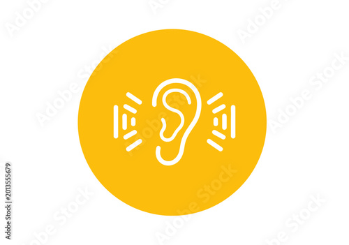 Obraz na plátně Listening Icon: Ear with Sound Waves on Yellow Circle Background