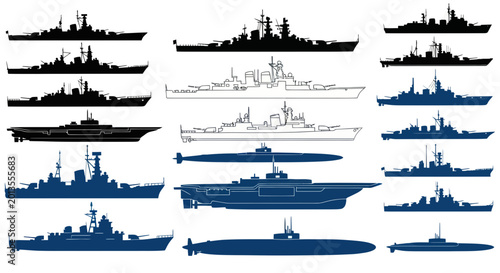 Tableau sur toile Naval Warships Silhouettes Collection: Aircraft Carrier, Battleship, Submarine