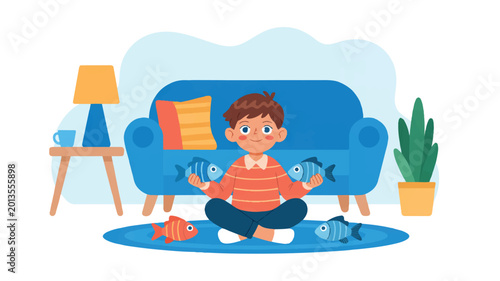 boy sitting on floor with fish in hands and on blue rug in living room