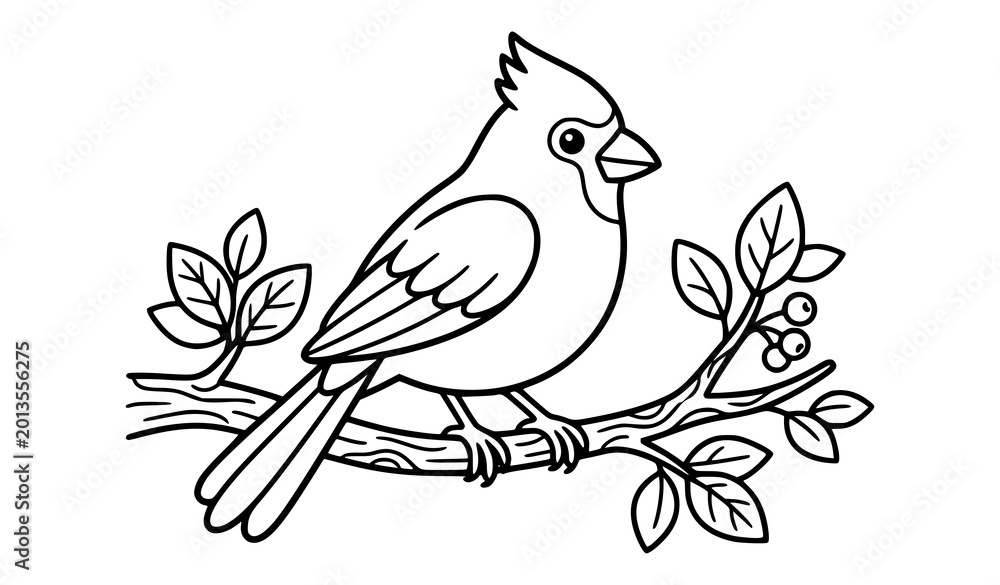 Fototapeta premium Cardinal Bird Sitting on Branch Black and White Coloring Book Vector Illustration for Kids