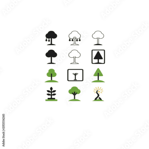 12 Minimal Flat Tree and Plant Icons Set - Nature, Ecology, Growth Vector Collection
- 4 rows, 3 columns 
- Colors: black, white, green, yellow, white background
