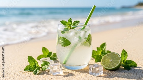 Refreshing lime mojito cocktail with mint and ice on a sunny tropical beach.