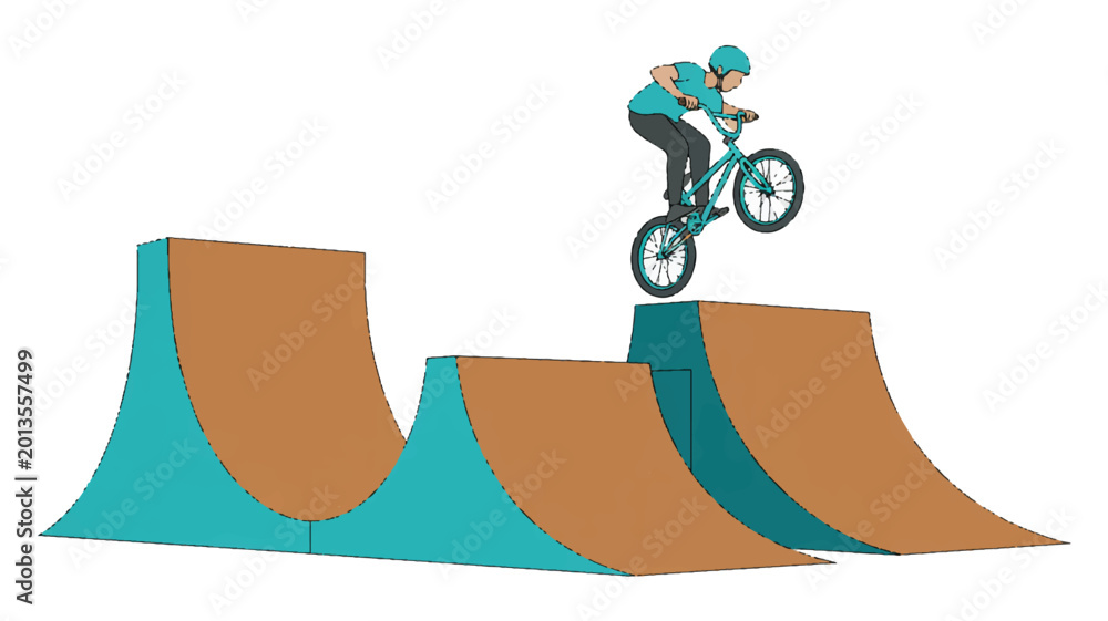 Naklejka premium Teenager performing a bike stunt on a brown and teal skate park ramp