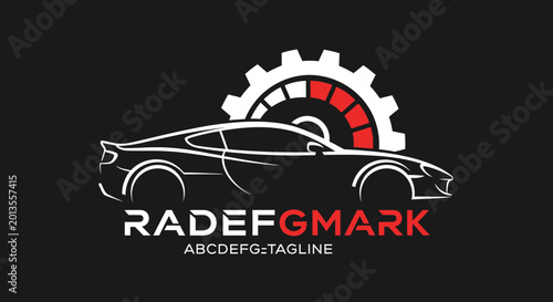 Sleek sports car logo with gear and speedometer for automotive branding.