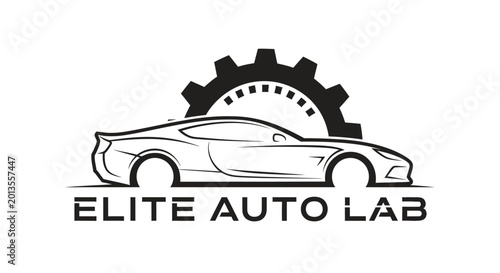 Sleek sports car with gear and Elite Auto Lab text logo.