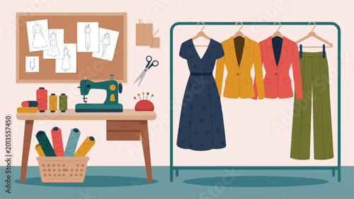 sewing room with clothes on rack and table with sewing machine
