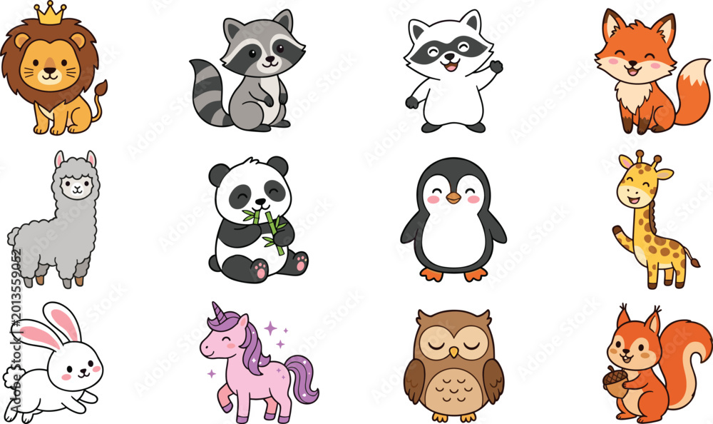 Fototapeta premium Cute Animal Characters Set Featuring Lion, Fox, Panda, Unicorn, and More for Kids Illustrations, Stickers, and Digital Designs