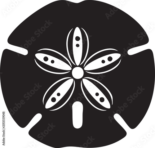Black sand dollar, sea urchin, vector icon, white background, marine life