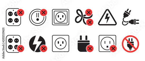 Fotografía Electrical safety hazard icons set, warning symbols for faulty wiring overloaded sockets and damaged plugs, electrical danger prohibition concept in minimal modern flat vector design