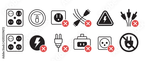 Fotografía Electrical safety hazard icons set, warning symbols for faulty wiring overloaded sockets and damaged plugs, electrical danger prohibition concept in minimal modern flat vector design