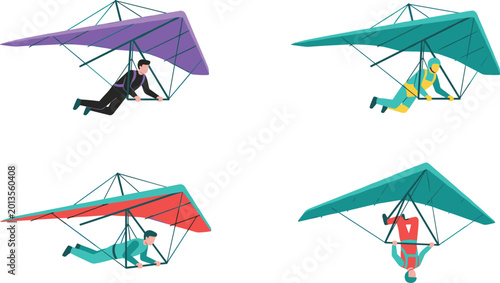 Photos Hang Gliding Set with People Flying in Different Poses and Colorful Gliders for
