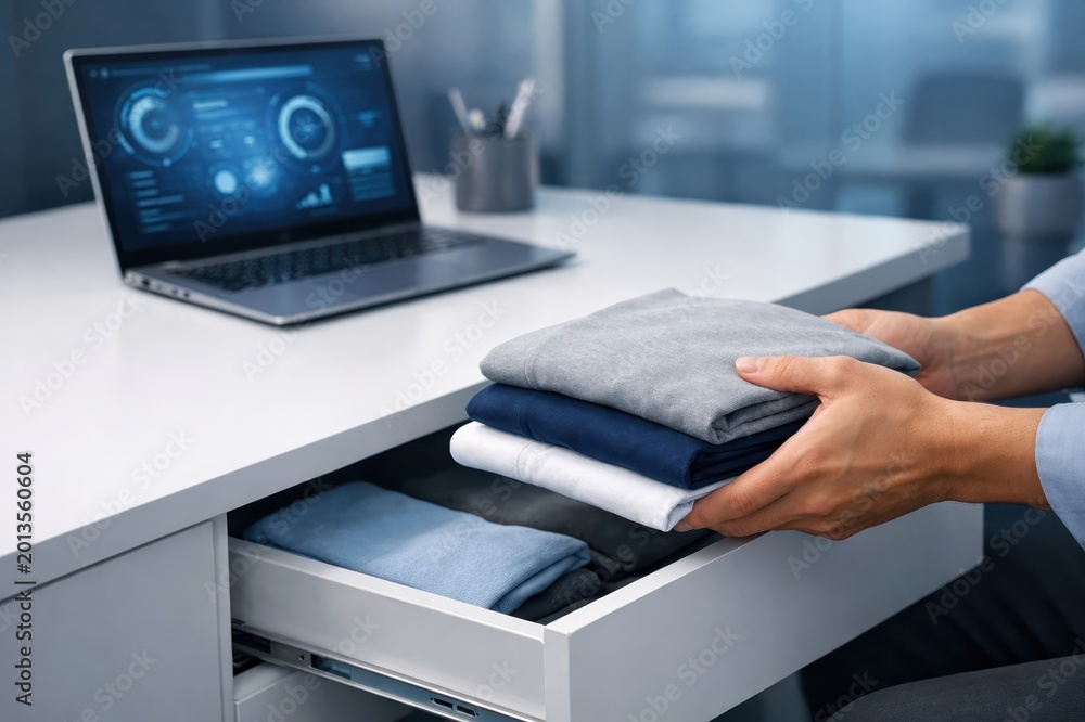 Fototapeta premium Organizing the Digital Age: A person neatly folds clean clothes into a drawer beside a laptop displaying intricate data charts, symbolizing the intersection of order and technology in modern life.