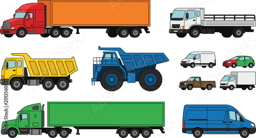 Bilde på lerret Truck and Vehicle Set with Freight, Dump Trucks, Vans, and Cars for Transportati