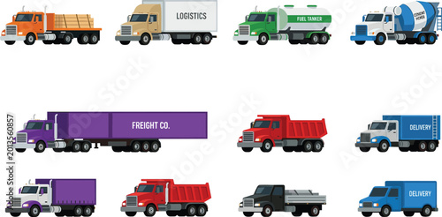 Foto Logistics and Freight Trucks Set with Delivery, Dump, Concrete, and Freight Vehi