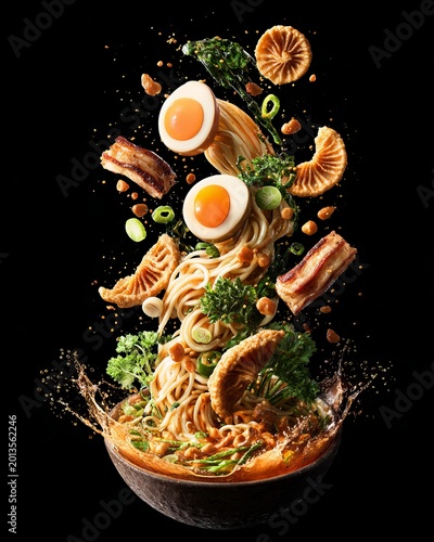 Dramatic Ramen Orbit: Ingredients Floating in Circular Motion with Splash in Japanese Food Concept