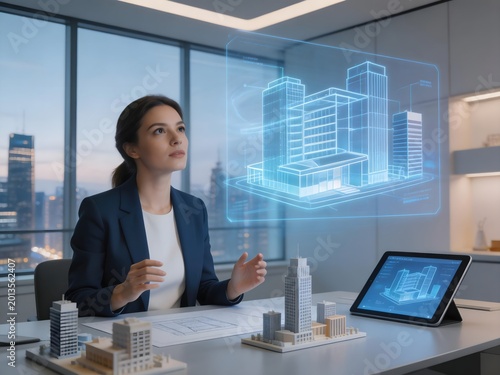 Businesswoman Using Holographic Technology in Modern Office Setting