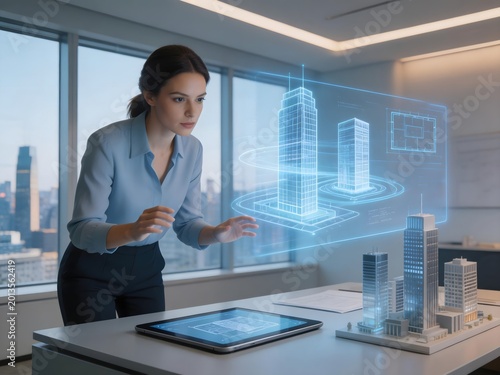 Business Professional Analyzing Architectural Models in Modern Office