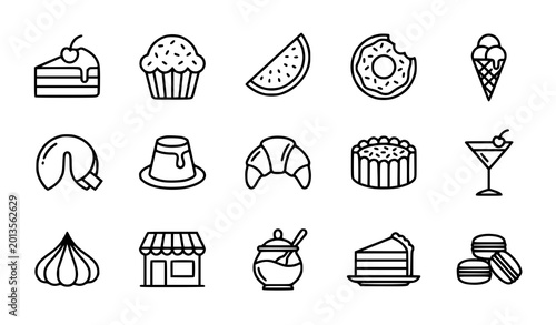 Photos Modern Bakery and Fast Food Line Icon Set with Burger Donut Croissant and Bread