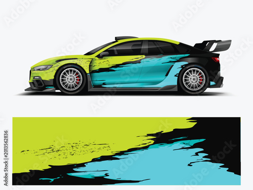 Modern Racing Car Wrap Livery Vector with Neon Green Cyan Abstract Decal Design