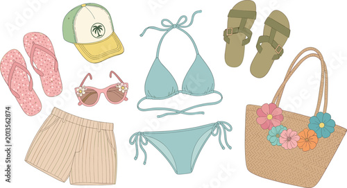 Bild auf Leinwand Summer Beachwear Illustration Set with Flip Flops, Sunglasses, and Accessories f