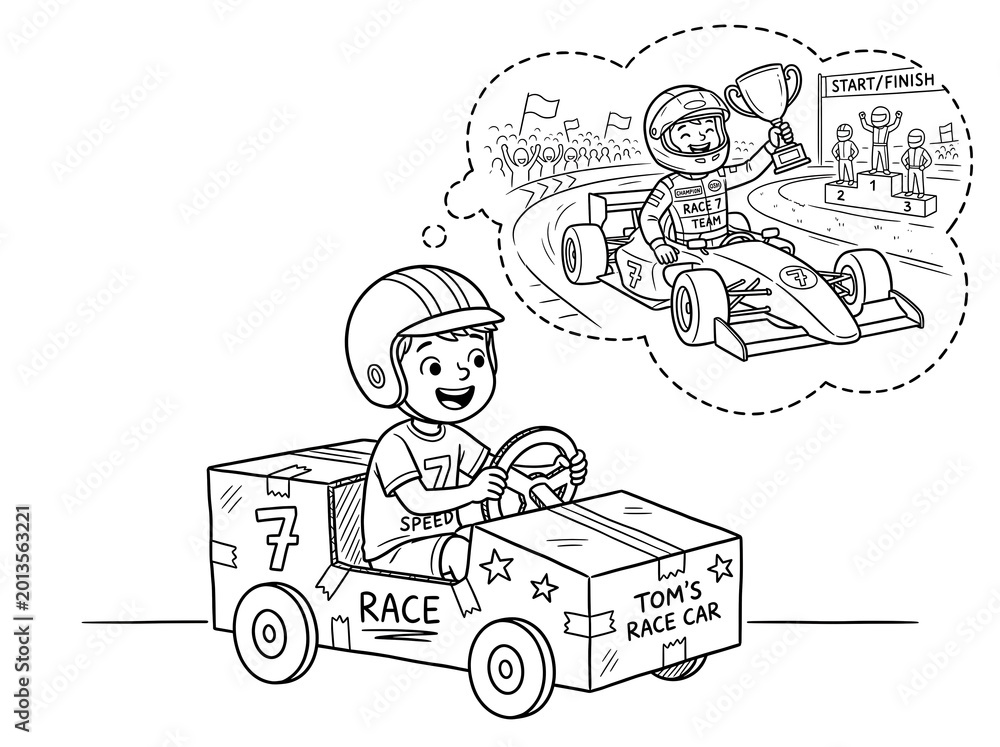 Fototapeta premium Young Boy Dreams of Winning Race Car Championship