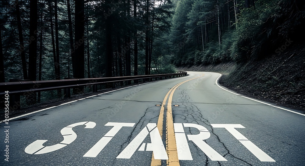 Obraz premium Winding asphalt road with 'START' painted on the surface, leading into a dark, misty forest.