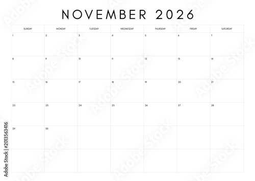 November 2026 calendar template for planning and organization isolated on white background