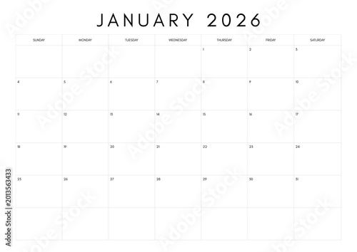 January 2026 calendar page with days of the week and dates