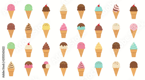 Vector Icons Set of colorful delicious ice cream cones with various flavors. EPS Editable
