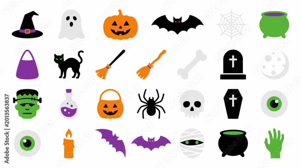 Fototapeta premium Vector Icons Set of colorful Halloween icons and spooky design elements. EPS Editable