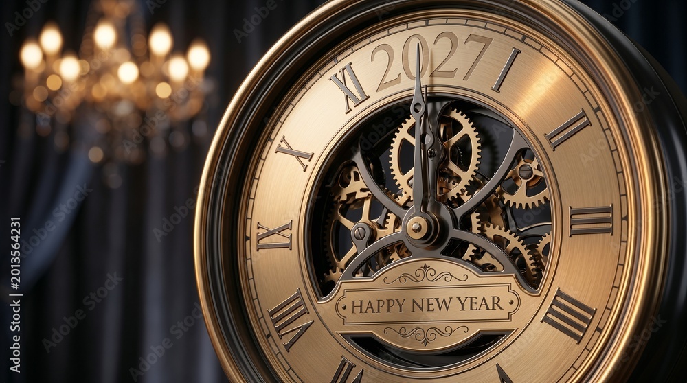 Obraz premium Vintage Clock Showing 2027 at Midnight, Happy New Year Celebration Countdown and Time Concept