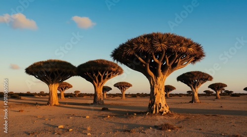 Dragon trees grow on dry Socotra Island landscape. Unique plants have large umbrella shaped canopy under clear sky at sunset. Arid desert terrain, remote wild nature.