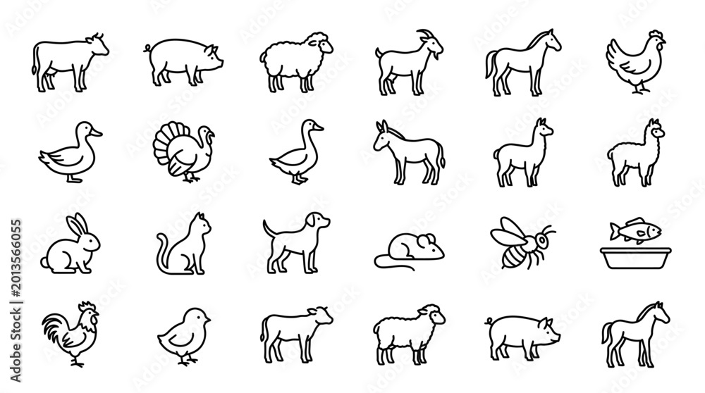 Fototapeta premium Vector Icons Set of farm animals and pets outline icons collection. EPS Editable