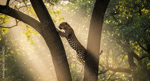 Obraz Wildlife portrait of a leopard climbing in its natural habitat