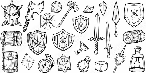 Photography hand drawn medieval weaponry and armor set on white background