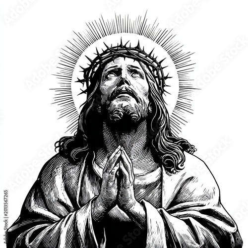 Black and white drawing of Jesus praying.