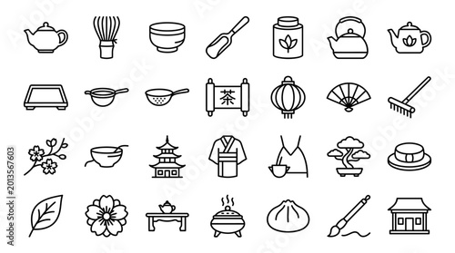 Vector Icons Set of hand drawn Japanese culture and tea ceremony icons. EPS Editable