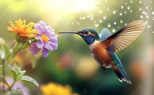 A colorful hummingbird hovers near a vibrant flower in a garden